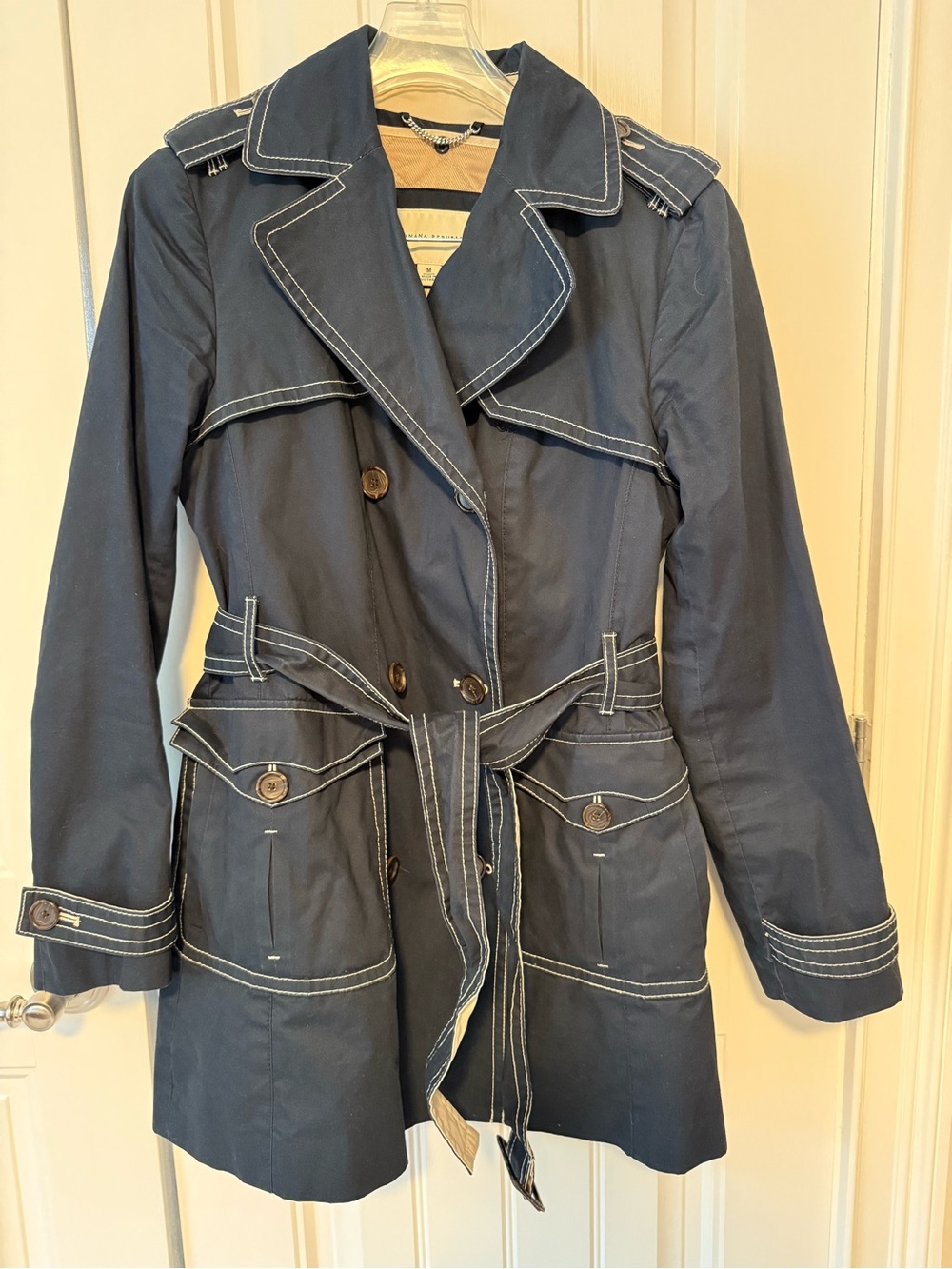 Banana Republic Navy Trench Coat with White Contrast Stitching